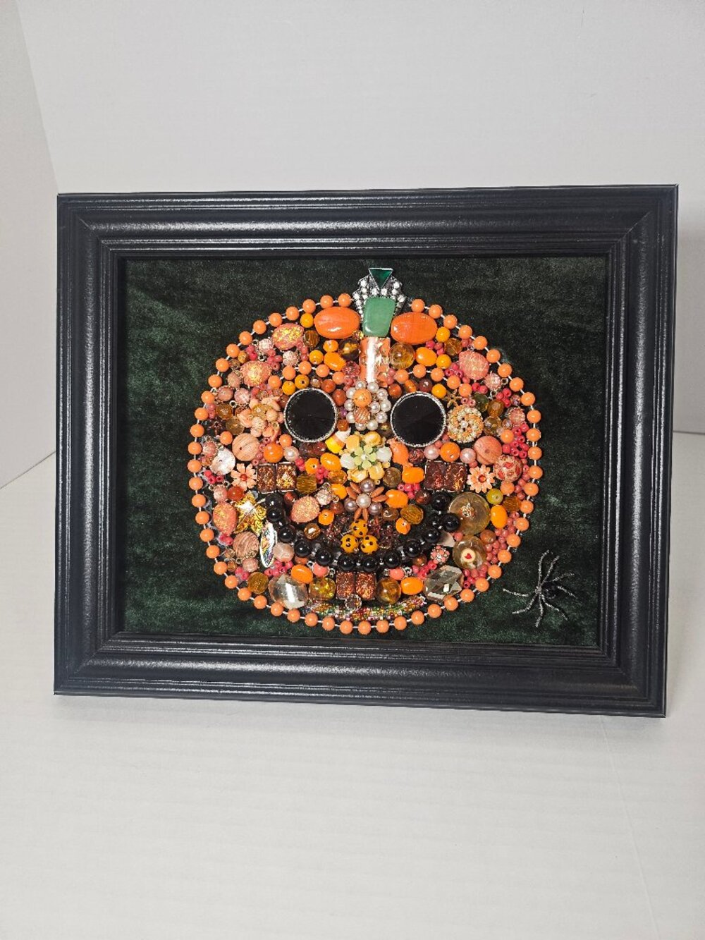 Halloween Costume Jewelry Art Pumpkin Framed Fall Home Decor Unique Beaded
